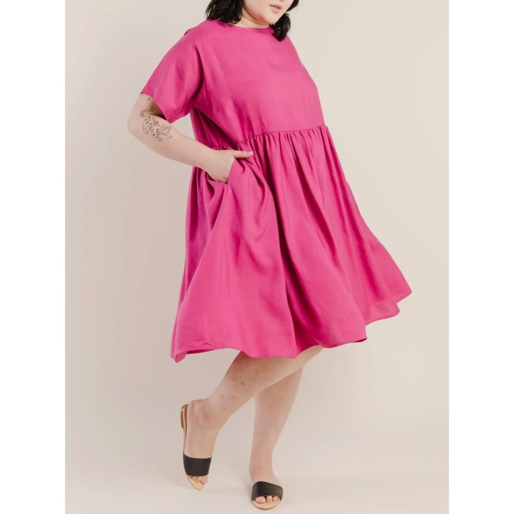 Tradlands Nico Dress Pink Tencel Linen Short Sleeve Babydoll Midi Pockets Large